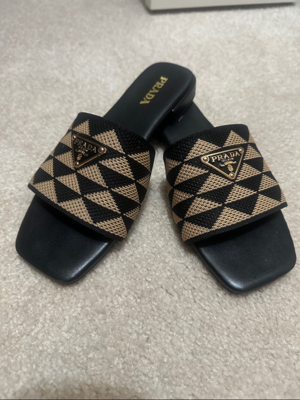 Black and Tan Geometric Slide Mules